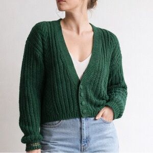 Cotton Ramie Knit Cardigan Green Lightweight Button Front Preppy M